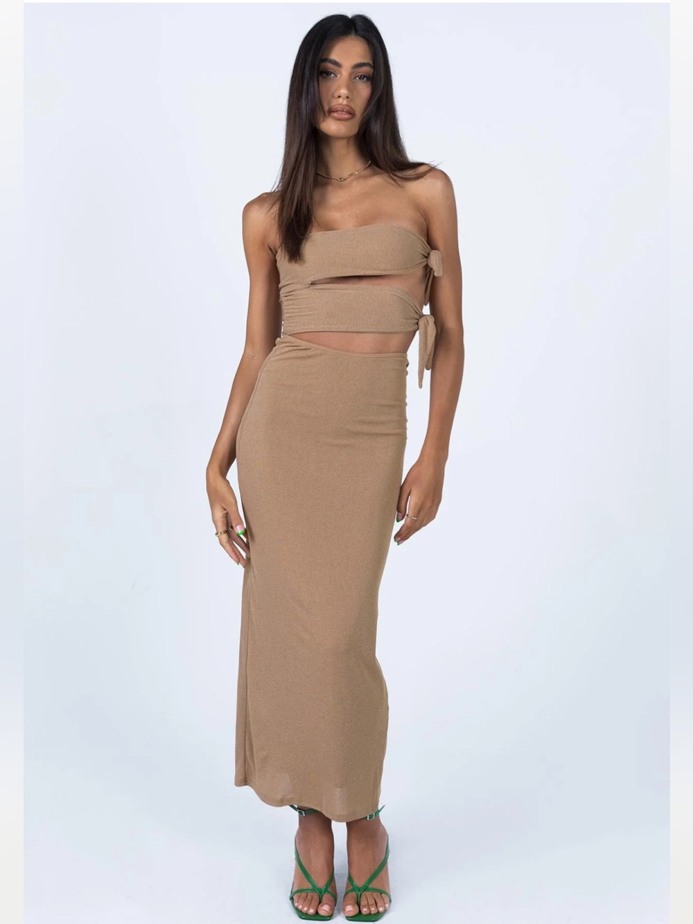 Princess Polly Tan One-Shoulder Maxi Dress with Knot Strap